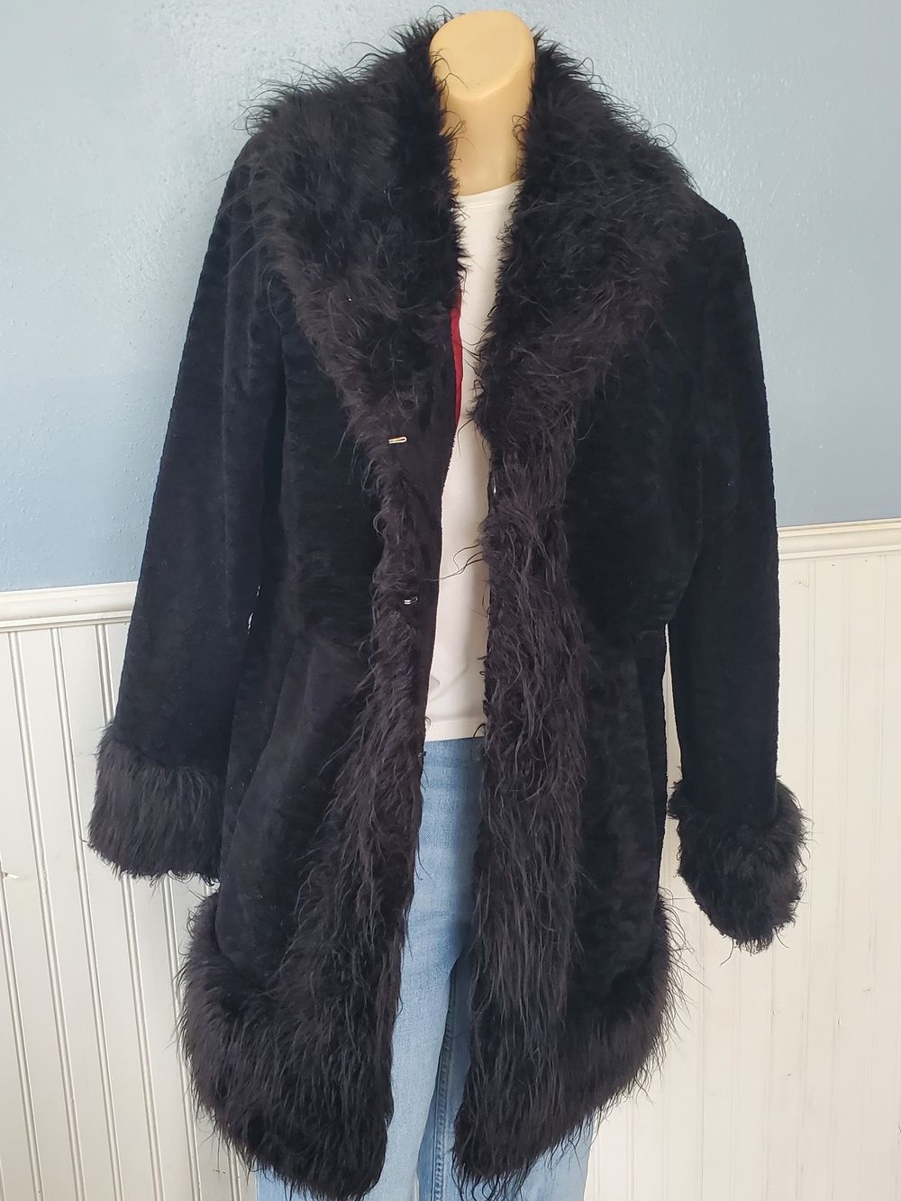 Vintage Y2K Giacca Penny Lane Black Faux Fur Trim Coat Boho Whimsigoth Grunge